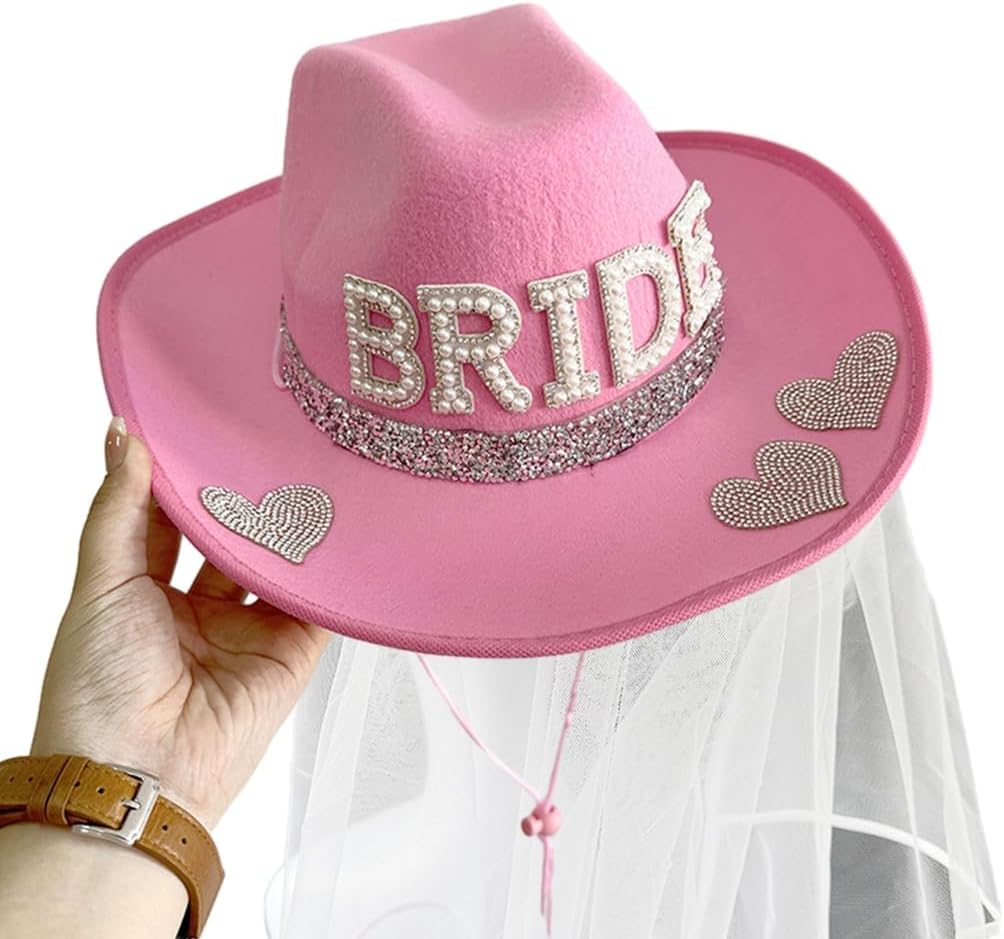 Bachelorette Party Hat with Veil for Bridal Party Women Cowgirl Hat Wedding Accs