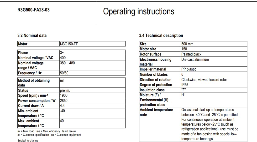 Table of nominal data and technical data for the R3G500-FA28-03 fan.