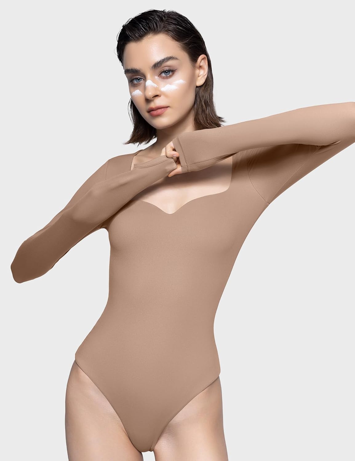 PUMIEY Women's Sweetheart Neck Long Sleeve Bodysuit Slimming Body Suit Going Out Tops Smoke Cloud Pro Collection - Image 5