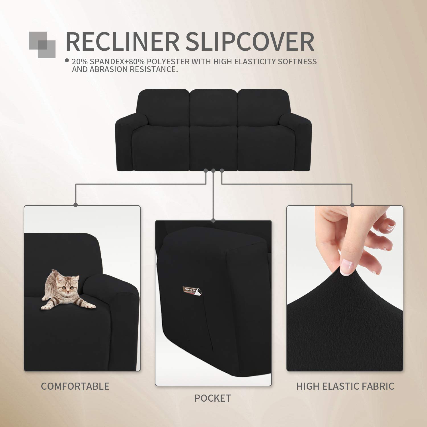 Easy-Going 8 Pieces Microfiber Stretch Sectional Recliner Sofa Slipcover Soft Fitted Fleece 3 Seats Couch Cover Washable Furniture Protector with Elasticity for Kids Pet(Recliner Sofa,Black) - Image 4