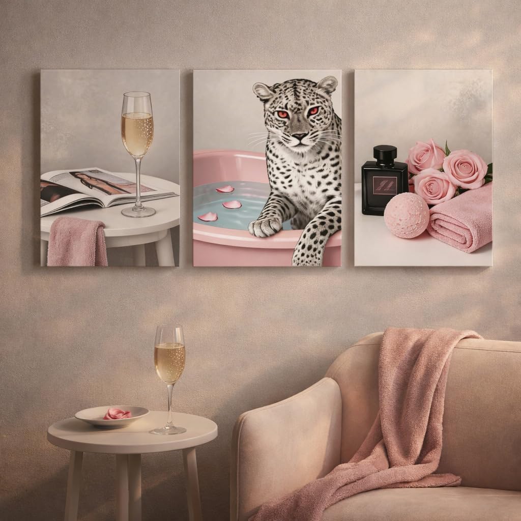 Artiluxy Pink Bathroom Wall Art Set of 3, Leopard Canvas Wall Decor for Bathroom, Glam Animal Artwork 12x16 Inch Framed Ready to Hang (PinkA)
