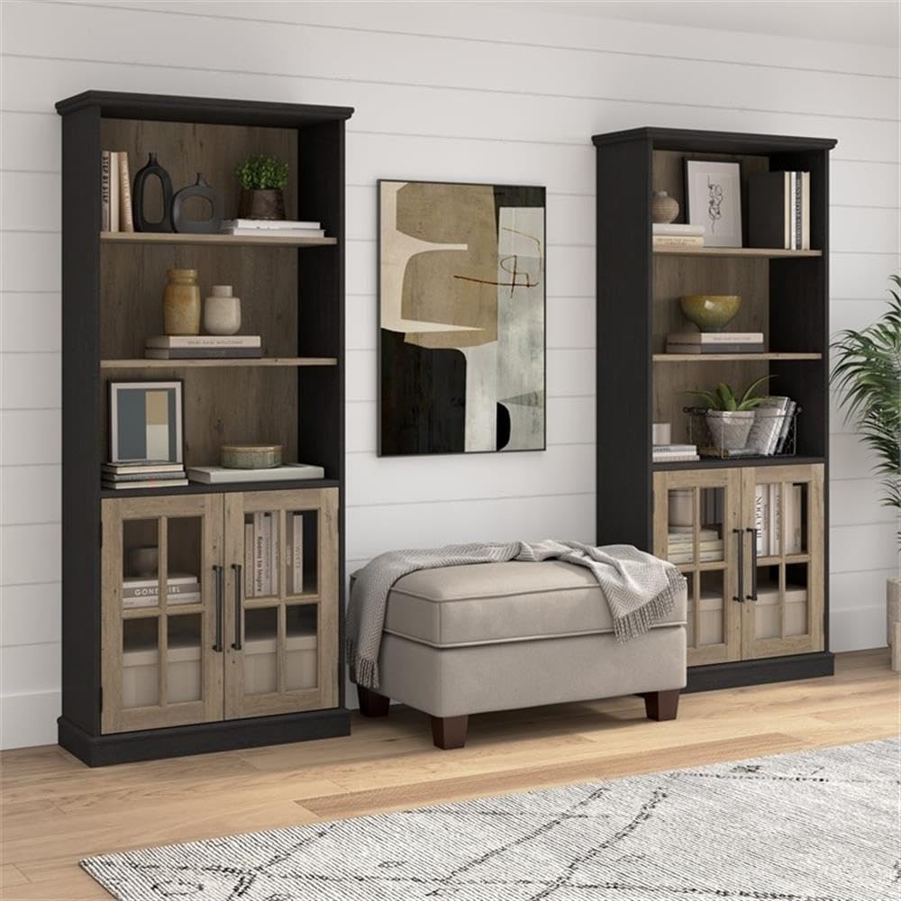 Bush Home Westbrook Tall 5 Shelf Bookcase with Glass Doors in Vintage Black/Restored Tan Hickory, Farmhouse Bookshelf Cabinet for Living Room and Home Office