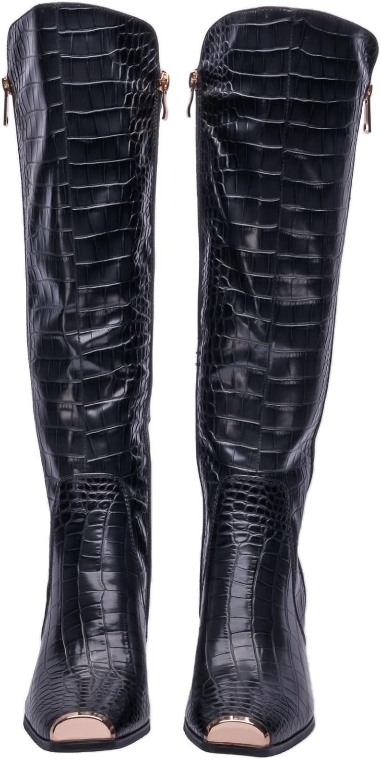 Ninety Union London Tall Printed High Heel Boot With A Square Toe And A Gold Tip