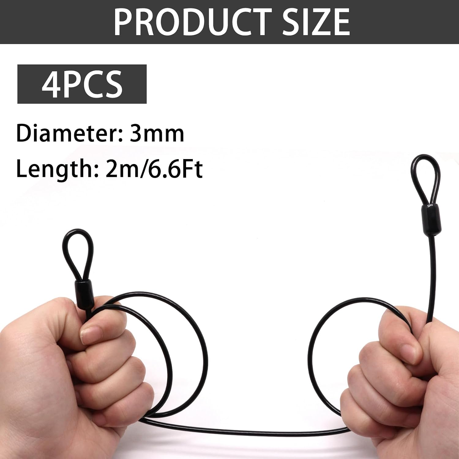 6.6Ft x 3mm Black Long Security Cable, 4PCS Bike Lock Cable, Stainless Steel Cables with Loops, Safety Cable Wire Rope with Double Loop for Outdoor Travel Clothesline Luggage (Black)