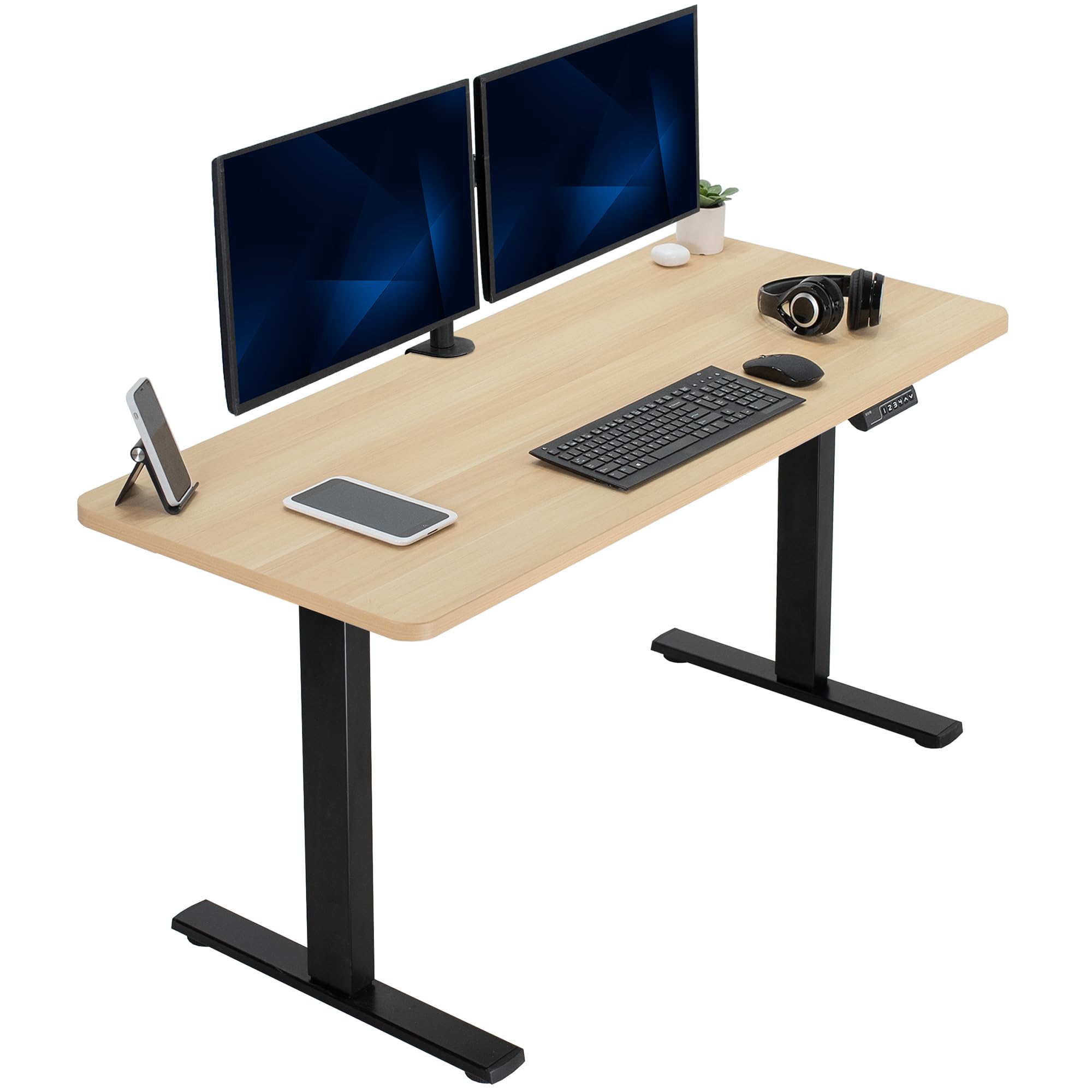 Electric Height Adjustable 152cm x 61cm Memory Stand Up Desk, Light Wood Solid One-Piece Table Top, Black Frame, Standing Workstation with Preset Controller, 1B Series, DESK-KIT-1B6C