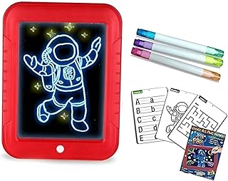 Kids Drawing Board - Enhance children's skills with this battery-operated illuminated board, featuring 3 neon pens in 6 colors, an eraser, and 10 assorted design cards for creativity.