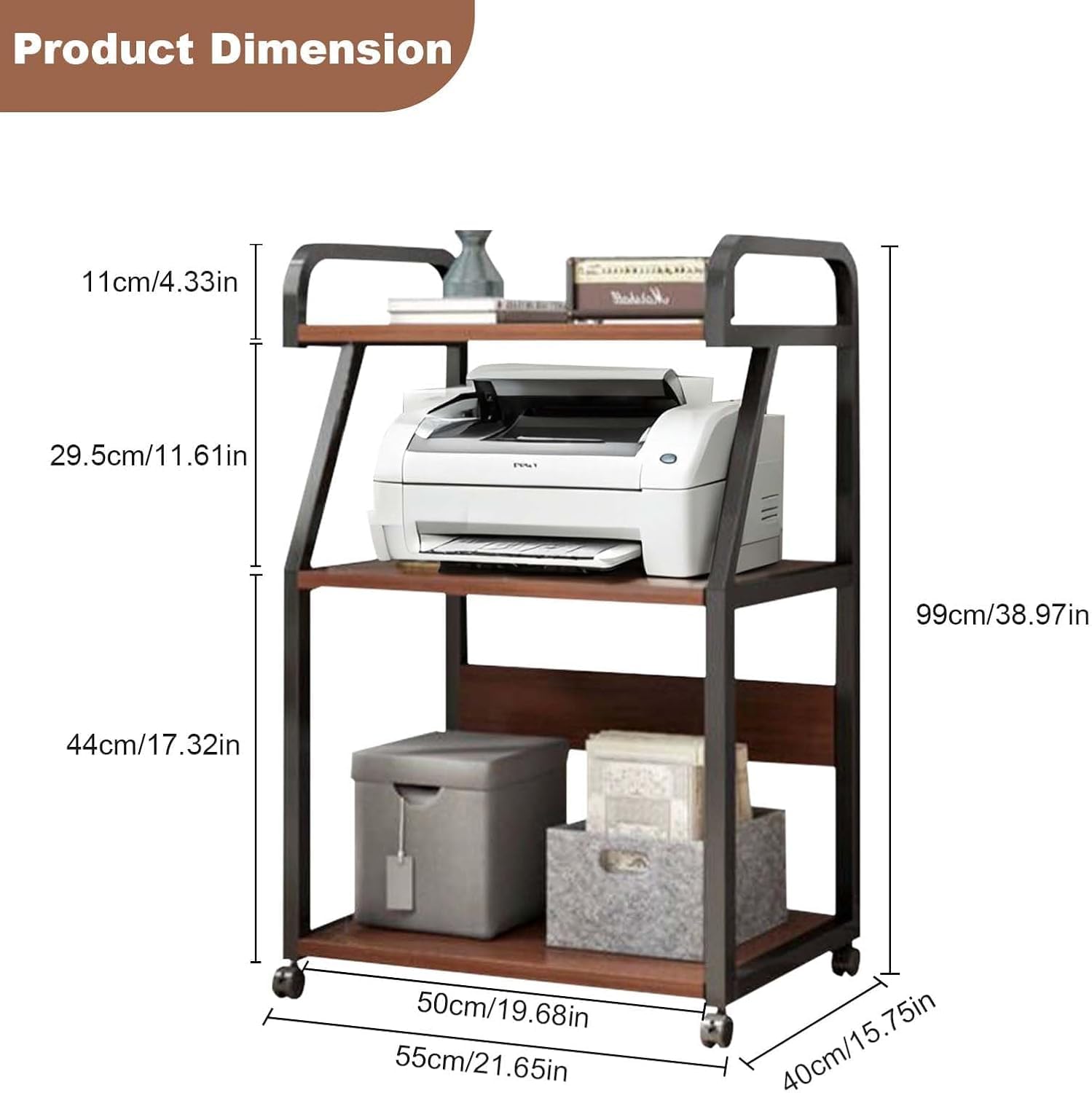 Druckerständer, Druckertisch mit Rollen, Druckerschrank,3-stöckiger Metall Druckerwagen, Kopierer Ständer,Druckerregal für Büro, Zuhause, Schule und Arbeitszimmer,55 * 40 * 99cm(Holzfarbe)