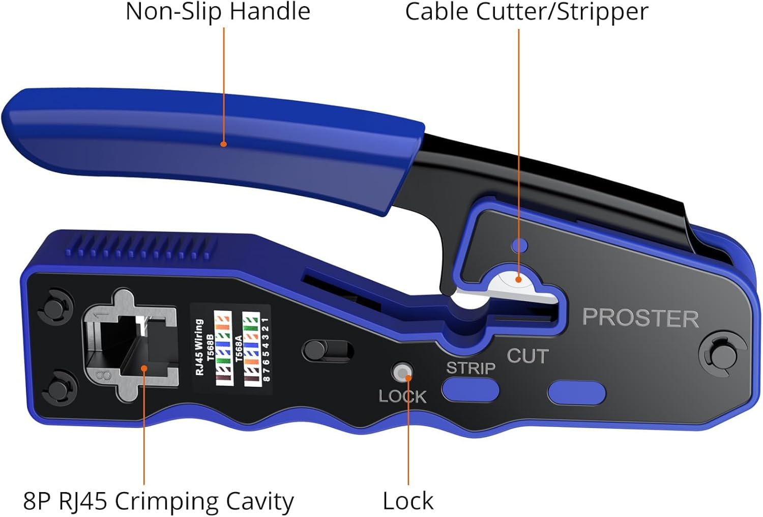 Proster RJ45 Crimper Tool Kit - Stripper Cutter Crimper Tool for RJ45 Cat6 Cat5 Cat5e Pass-Thru Connectors, with 50pcs Cat6 Connectors and Protection Covers, 1pcs Wire Stripper
