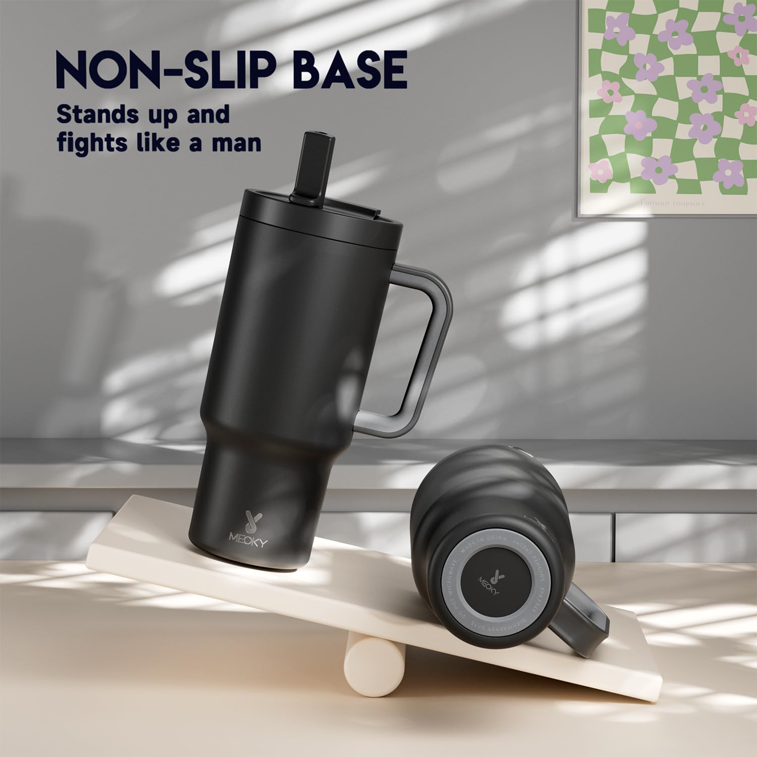 Meoky 32 oz Tumbler with Handle and Flip Straw, 100% Leakproof Tumbler with Lid and Straw, Stainless Steel Insulated Cup, Cupholder Friendly, Keeps Cold for 24 Hours (Night) - Image 7