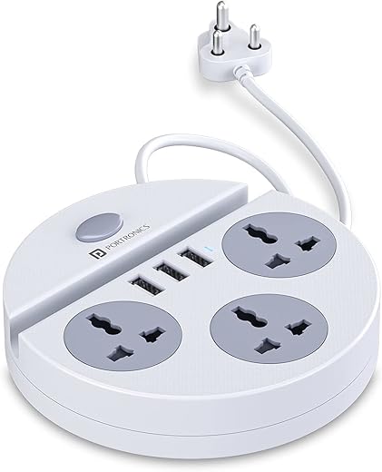 Portronics Power Plate 5 1500W Power Converter with USB Charger & Mobile Holder 3AC Socket + 3USB Ports I 1.5 m Cord Length ( White)