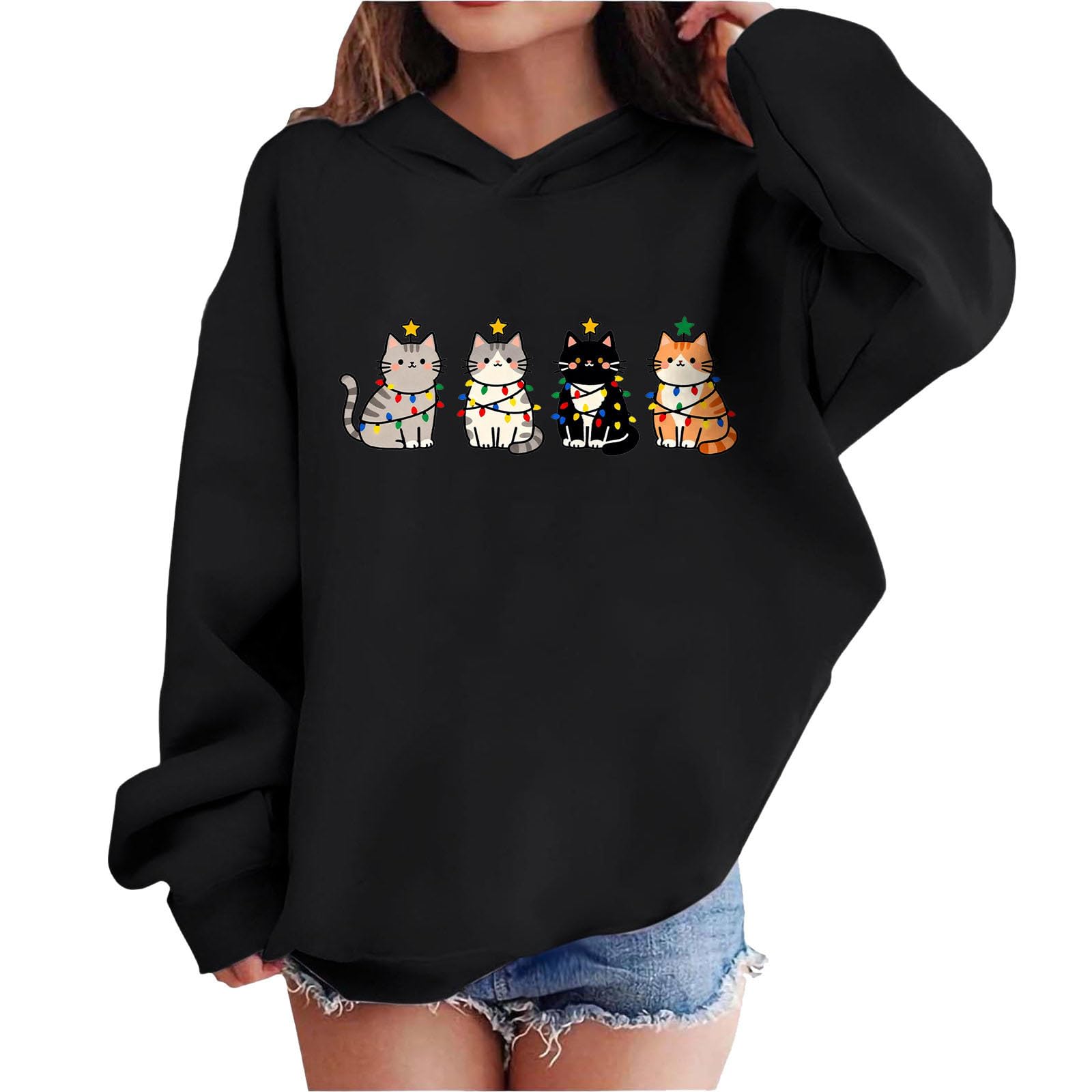 Pullover Kinder Weihnachten - Lässiges Weihnachtsshirt für Mädchen mit Süßem Katzen Schneeflocken Weihnachtsmann Langarm Christmas Hoodie Lustig Freizeitpullover Weihnachtspullover Gr.110-160
