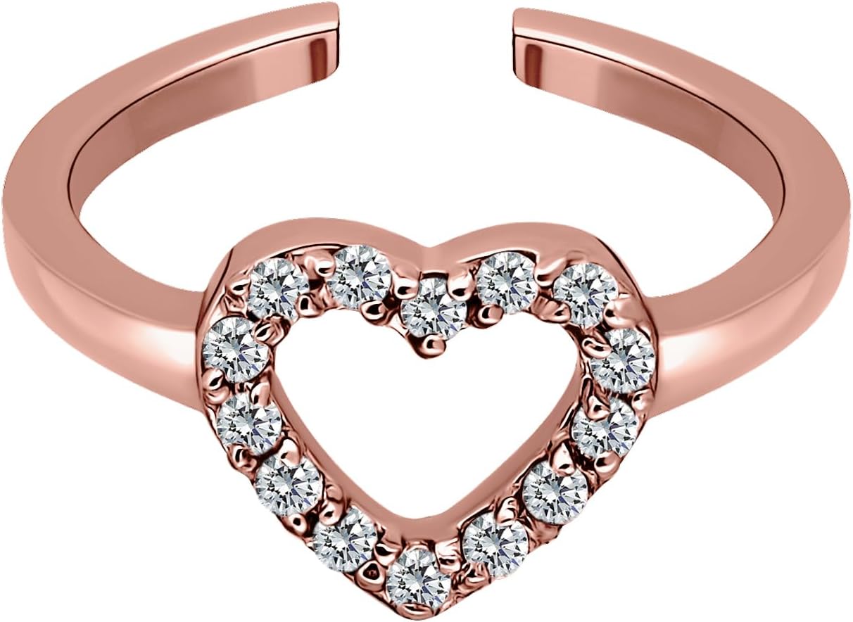 Hoops & Loops 925 Sterling Silver Cubic Zirconia Open Heart Toe Ring for Women