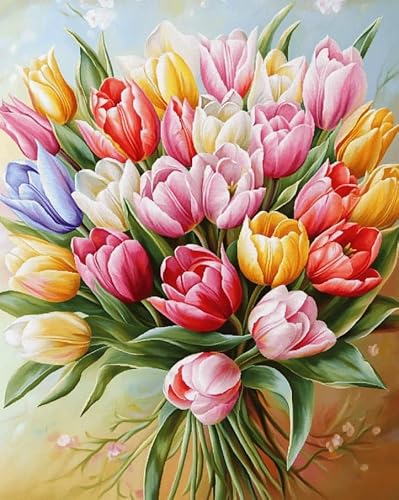 AxiangziK Stamped Cross Stitch Kits 16x20in,Tulips Pre-Printed 11CT Fabric DIY Art Embroidery Kits Needlework Crafts,Home Wall Decor Gift for Adults Kids