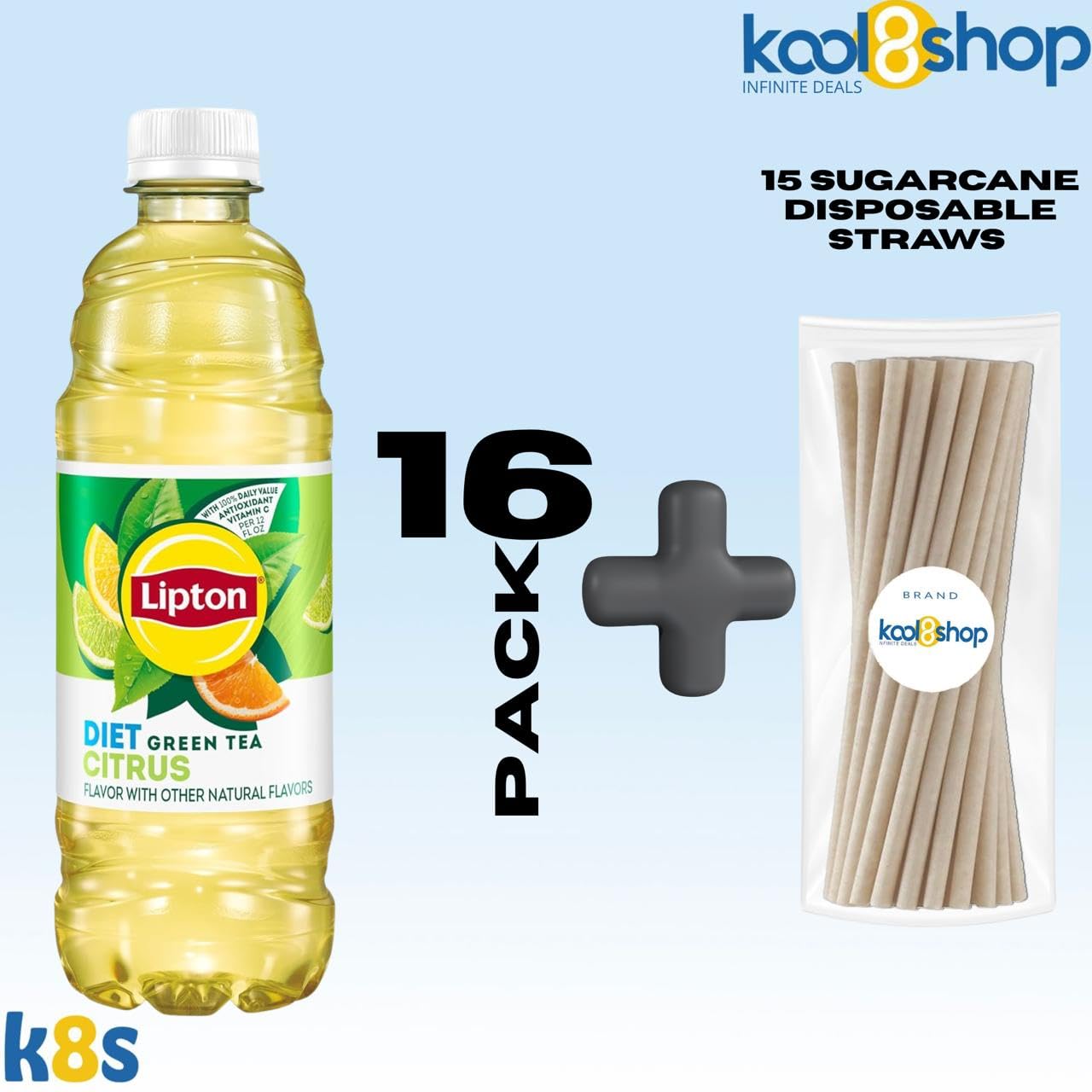 Lipton Diet Citrus Green Tea 16.9 fl oz Plastic Bottle 16 Pack + 15 Sugarcane Disposable Straws by KOOL8SHOP Infinite Deals