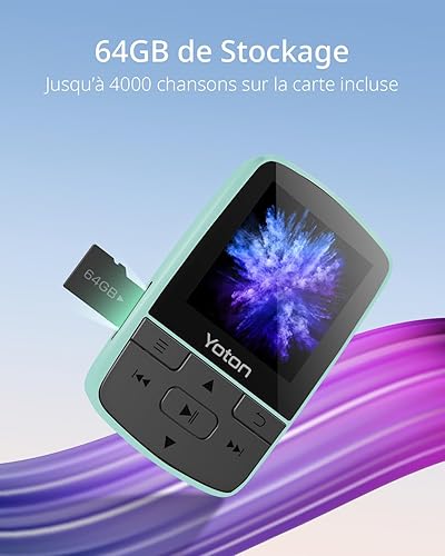 Miniatura 4 de Yoton Reproductor de MP3 con Bluetooth 5.2, 64GB, música HiFi, con clip deportivo y botón de volumen independiente, radio FM, auriculares incluidos