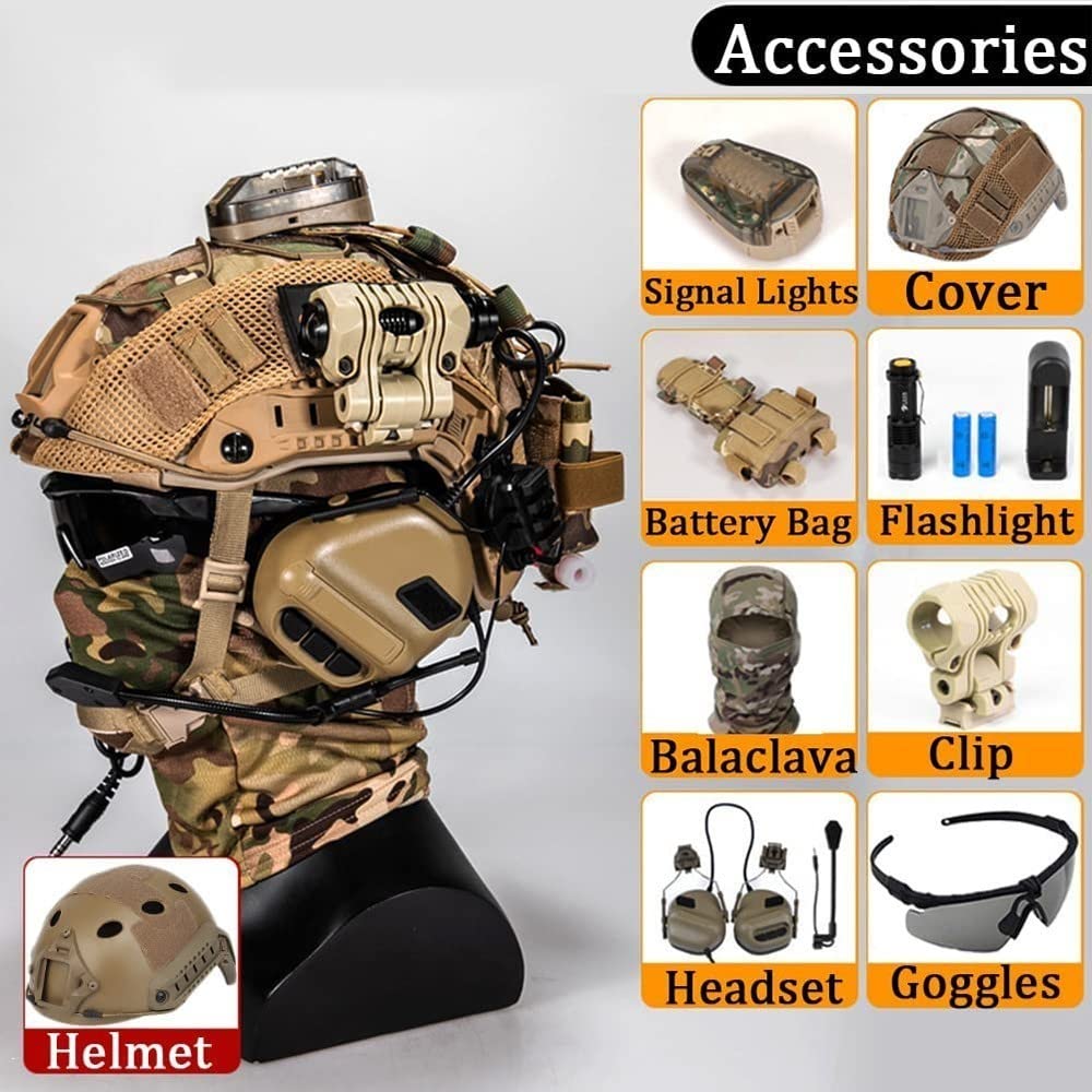 Airsoft Taktisch Helm Set, Militär Fast Protective Helmet with Tactical Headset Und Helmüberzug Full Protect Taktischer Visier, Teleskop-Modell NVG Halterung
