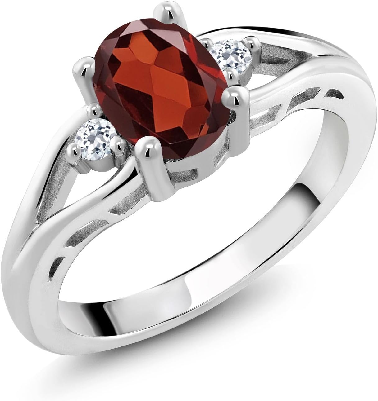 Gem Stone King 3-Stone Engagement Ring for Women | 925 Silver | Gemstone Birthstone and White Topaz | Oval 8X6MM | Round 2MM | Three-Stone Wedding Promise Ring | Sizes 5-9