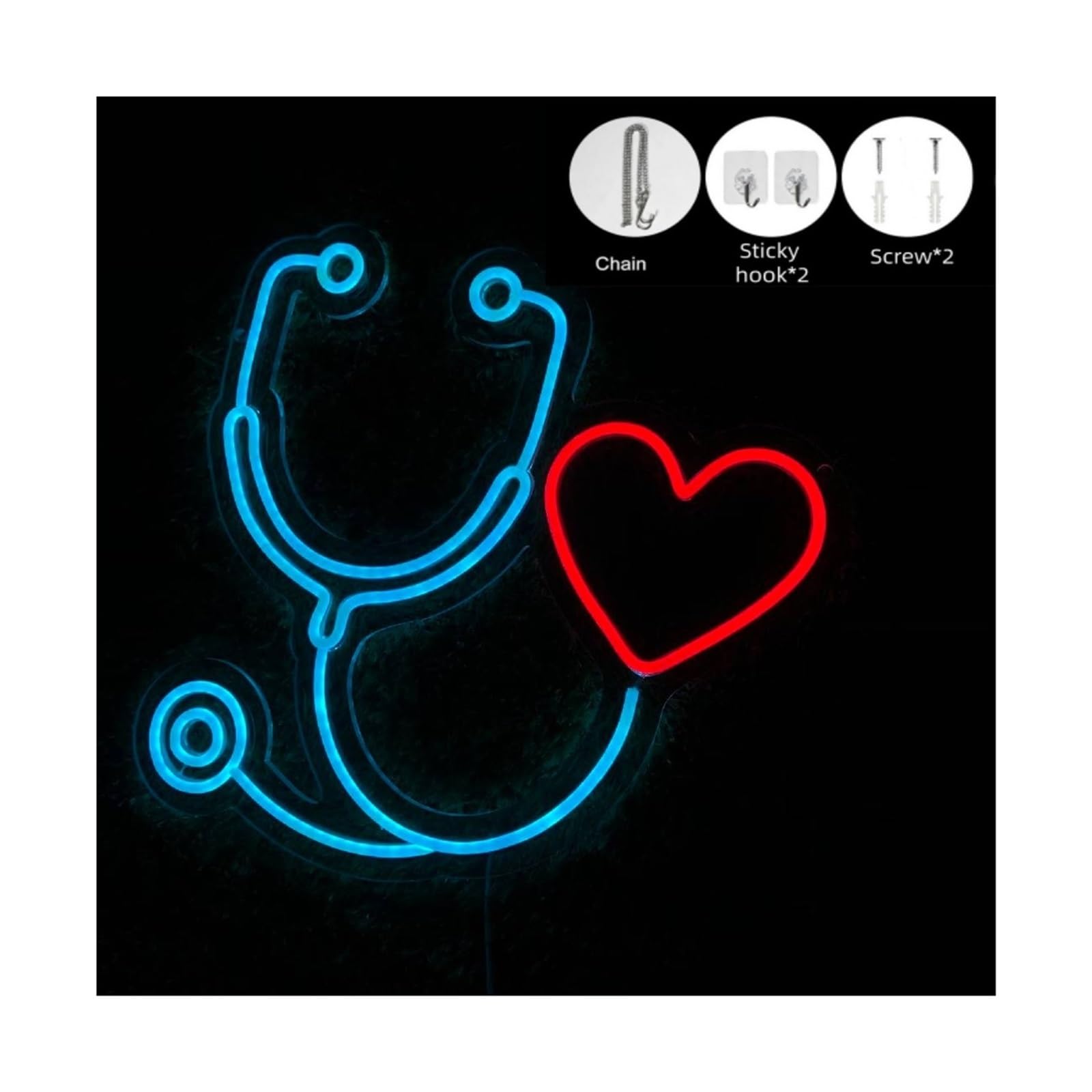 Wiszące neony artystyczne Neon Stetoskop, Lampa, Dekoracja Apteki, Szpitala, Kliniki, Gabinetu Lekarskiego, Pediatry 40x38.7cm