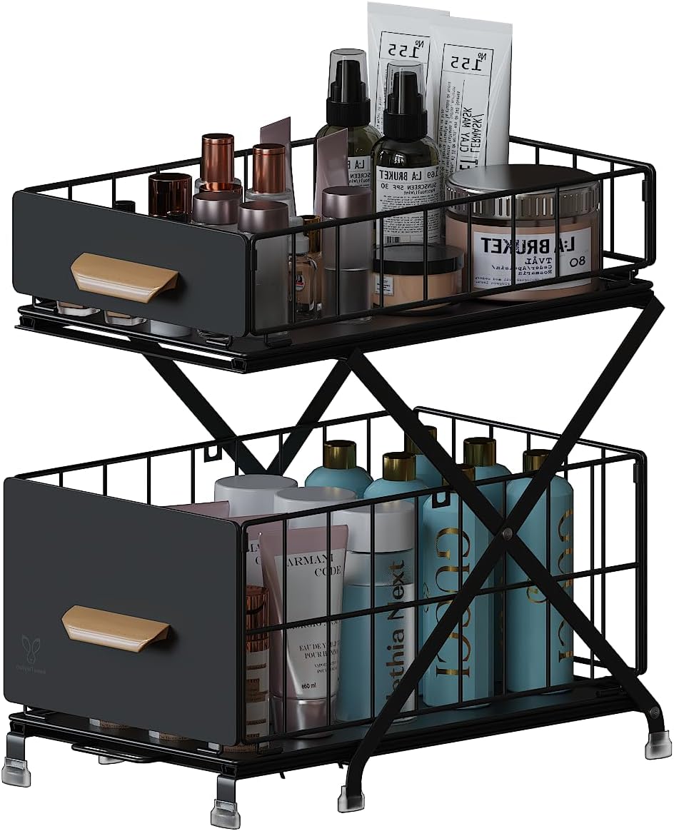 2 Tier Under Sink Organizers and Storage, Kitchen Cabinet Pull Out Shelves with Height Adjustment (40CM Two Level Adjustment, Black)