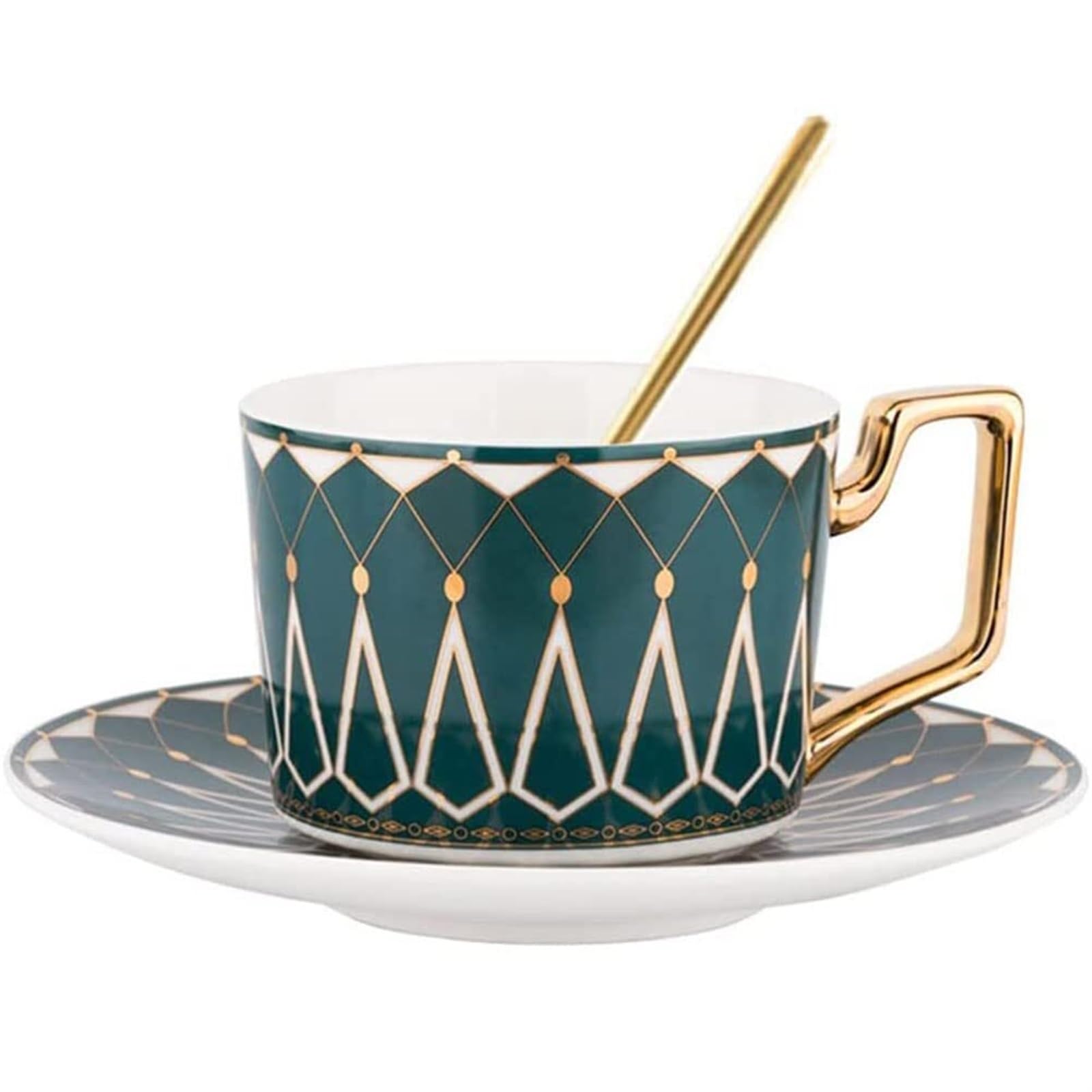 Tazas y platillos de café de Estilo Europeo con Cuchara, Tazas de té Reales de cerámica, Juego de Tazas de té con Flores Retro (Verde)
