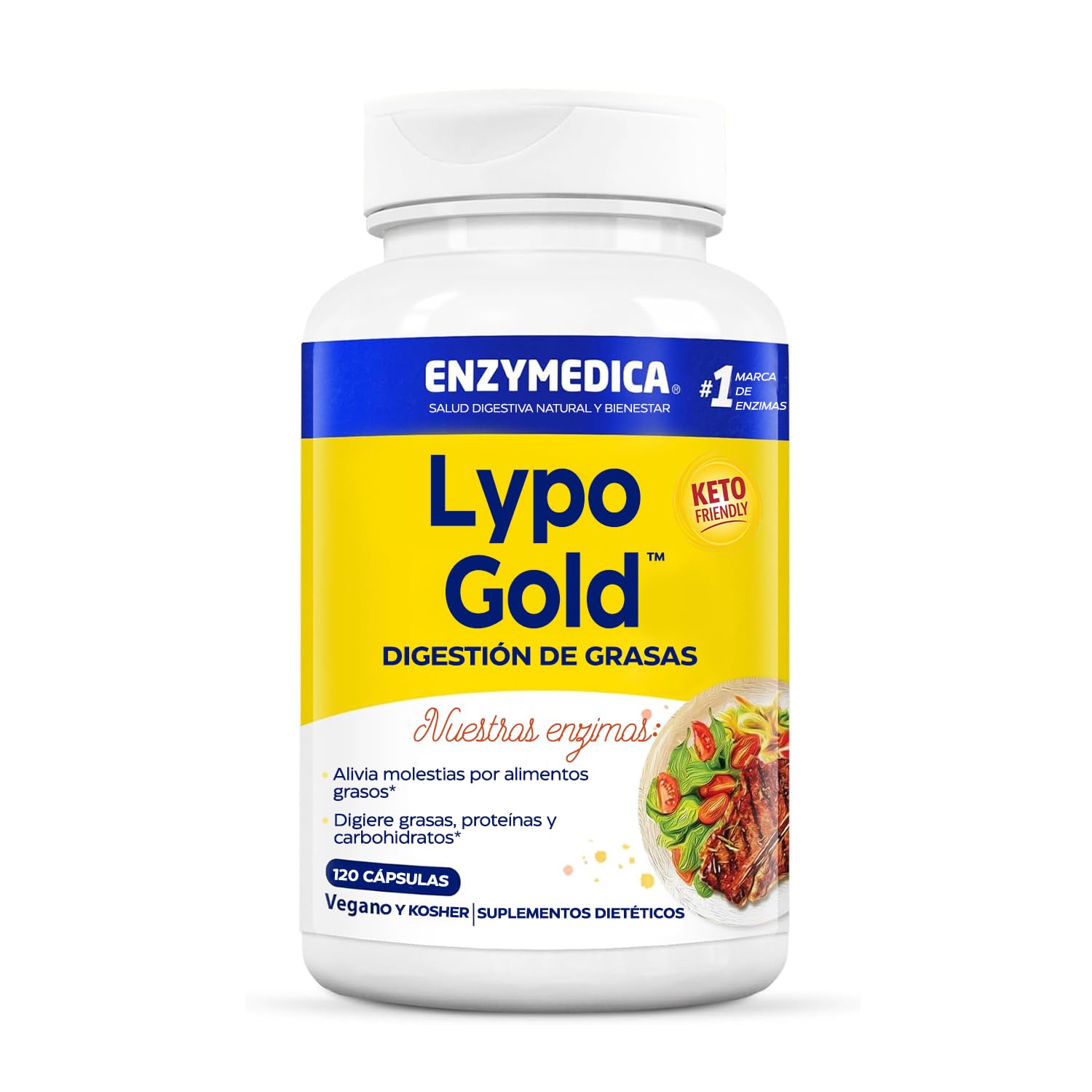 Enzymedica, Lypo Gold, Fórmula Enzimática, Reduce los Gases y la Hinchazón, Indicada para una dieta Keto, Mejora la Absorción de Nutrientes, Sin Gluten, Sin Lácteos, Vegano, 120 Cápsulas