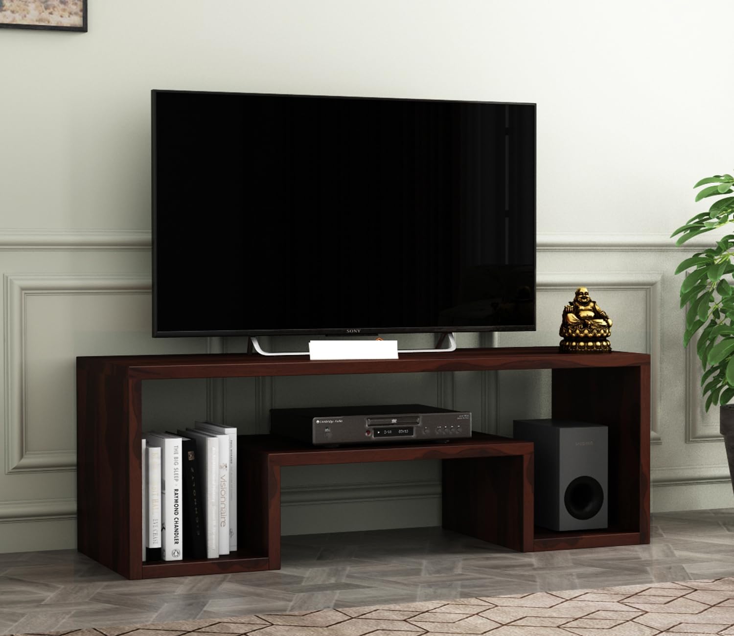 MJ FURNITURE Solid Sheesham Wood Wooden TV Unit with Elegant Shelf for