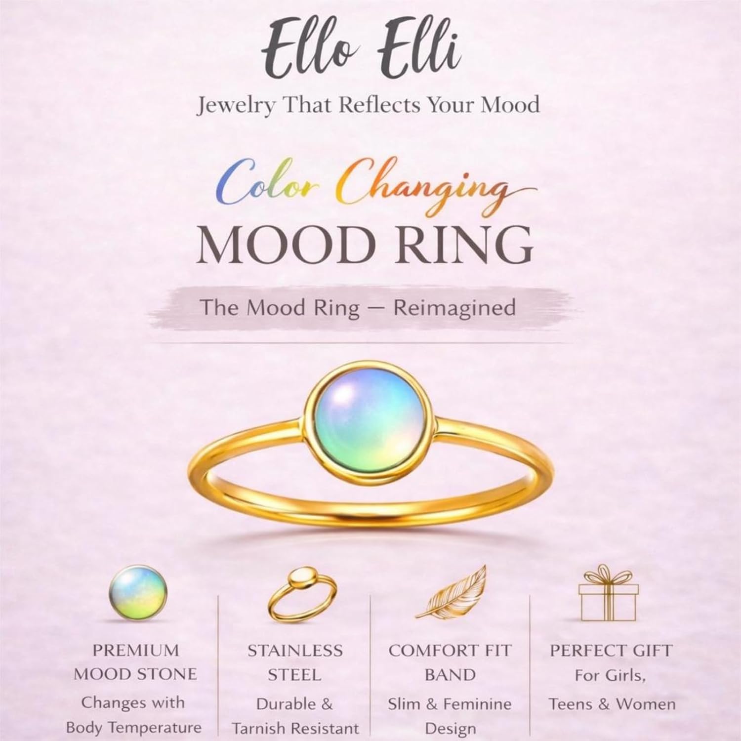 Ello Elli Mood Ring for Women, 1.5mm Stainless Steel Band, Color Changing Minimalist Ring