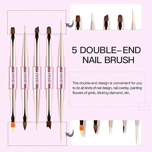 Miniatura 9 de Yasterd Juego de pinceles de arte de uñas profesional 5 pinceles de doble punta para líneas largas, pincel de revestimiento fino para detalles de