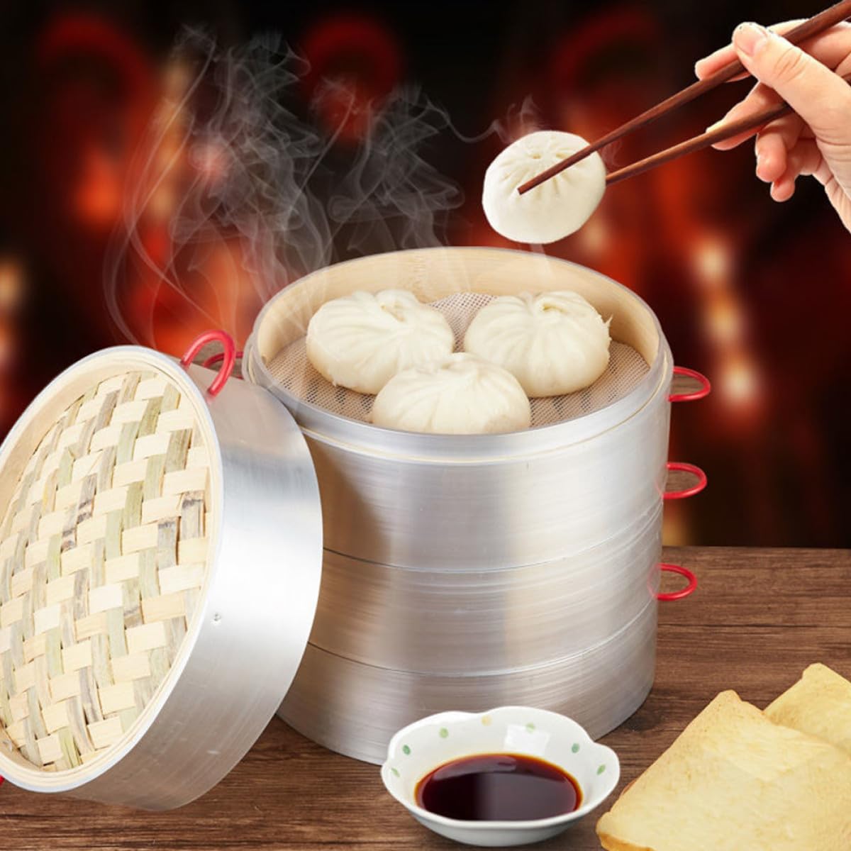 Steamer Basket Set 20cm Double Handle Small Aluminum Rim Covered Steamer for Cooking Dumplings, Vegetables, and Dim Sum at Home Or Commercial Use