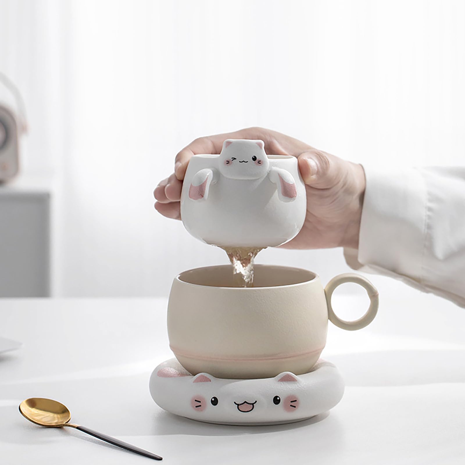 Tazza con infusore per tè, tazza da tè con infusore e coperchio, ideale per tè sfuso, tazza da tè con gatto della fortuna, tazza da tè in ceramica, tazze da caffè creative
