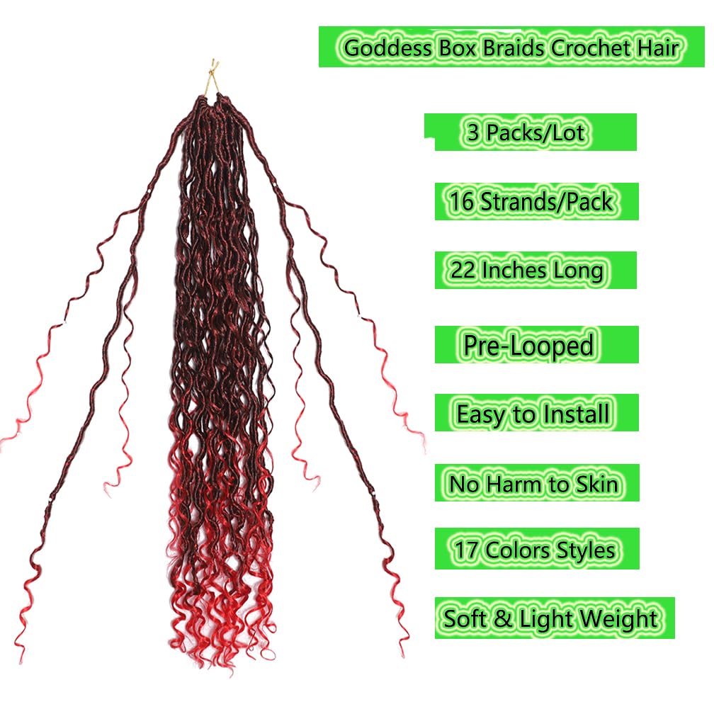 Goddess Locs Crochet Hair Ombre Black to Red 22 Inch 3 Packs Bohemian Faux Locs Crochet Hair With Curly Ends Pre Looped Hair Extensions 16 Roots/Pack(1B/Red)