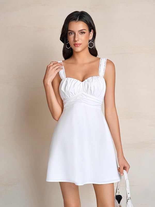 KUTUMAI Cute Bow Tie Mini Dress Lace Floral Corset Short Graduation Dresses for Women 2026 Summer White S by KUTUMAI - Used condition - US$42.59