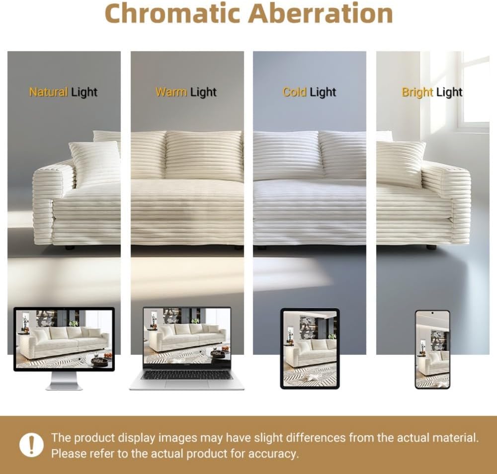 102.4 Inch Cloud Sofa, Plush Corduroy 4 Seater, Deep Seat with Soft Pillows and Removable Footstool, Convertible Sofa Lounge Chair for Living Room, Apartment, Office (Beige, 4 Seat+1 Ottoman)