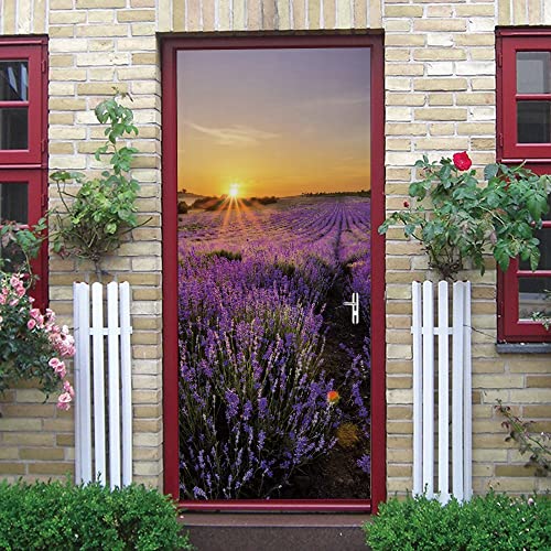 sticker de porte 85 X200cm(33.46' X 78.7') Lavande coucher de soleil Poster Trompe L'Oeil Pour Salon Chambre Décoration De La Maison Stickers Muraux Auto Adhésif Amovible Imperméable Stickers