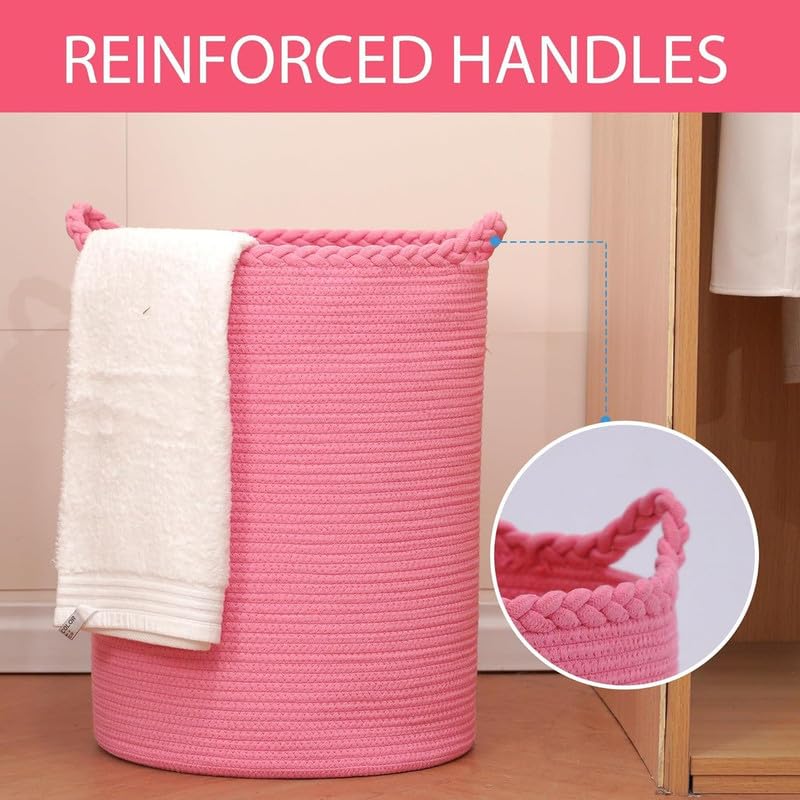 Image of SHAGCRAFT Storage Rope Laundry Hamper Basket for Clothes, Towels and Blankets in Livingroom, Bedroom, Laundry Room and Basket for Nursery Storage (Size - 14 inch x 14 inch x 16 inch) (Pink Zig Zag)