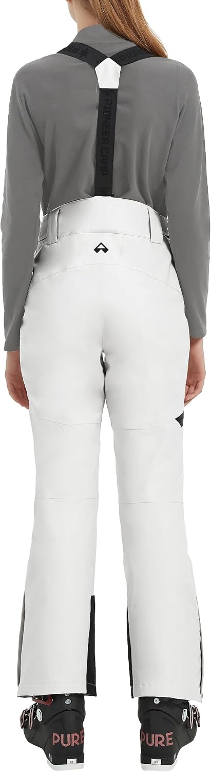 Pioneer Camp Women's Snow Pants Ski Bibs Waterproof Insulated Snowboard Overalls Winter Cargo Hiking Pants with Suspenders White