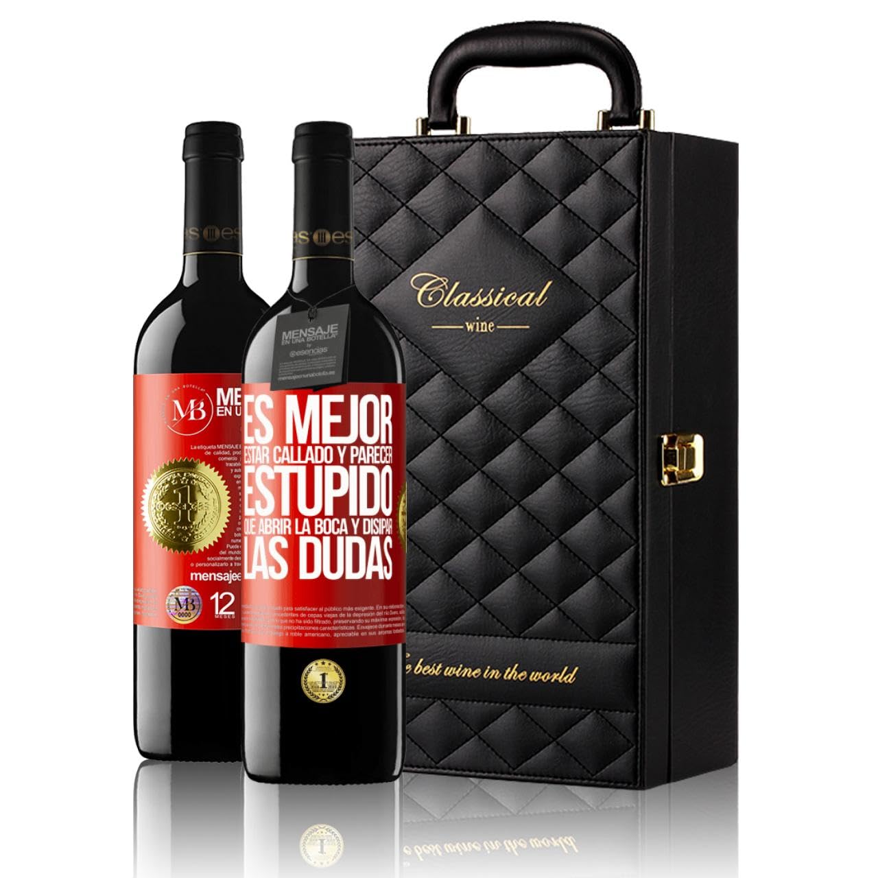 «Es mejor estar callado y parecer estúpido, que abrir...» Mensaje en una Botella. Estuche-Maletín de LUJO 2x Vino Tinto Premium Reserva 12 Meses y Set de 4 Accesorios. Etiqueta Roja PERSONALIZABLE