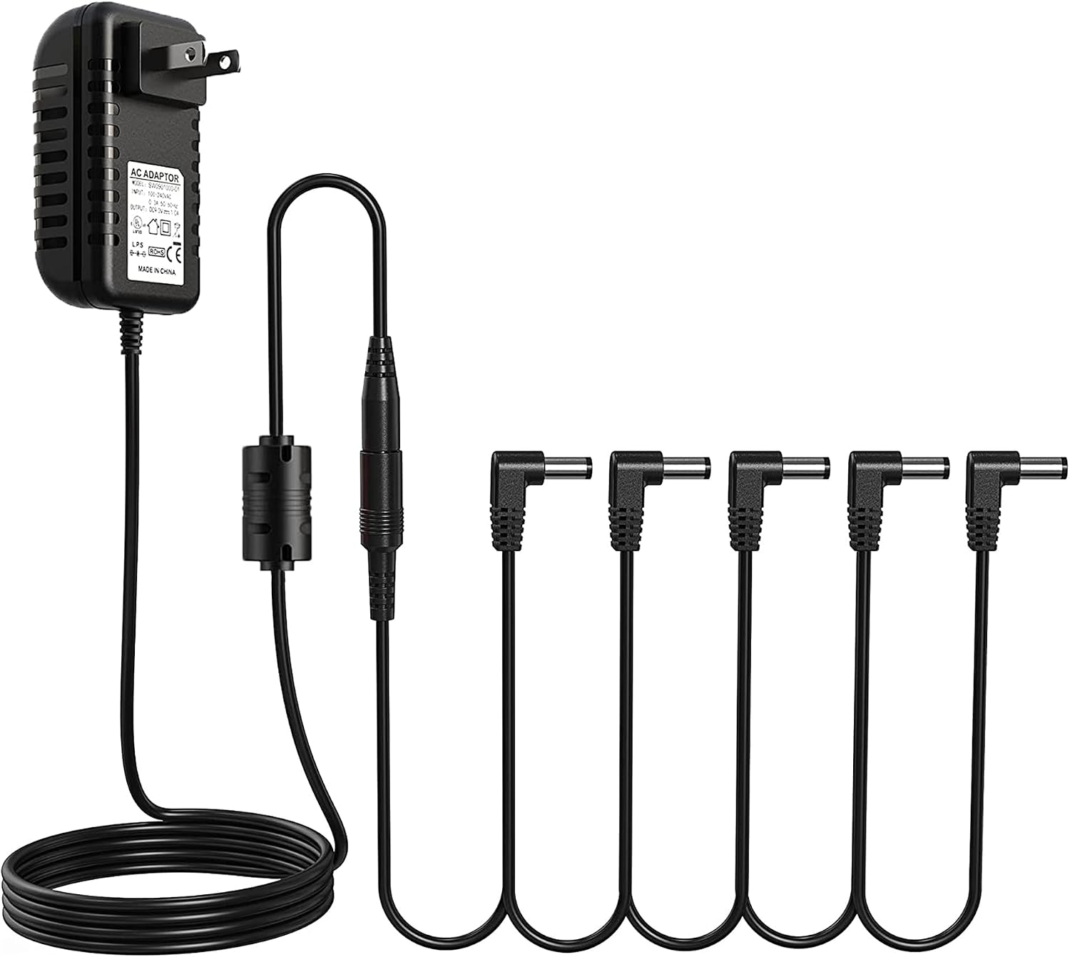 AZOR 9V DC 1A Power Supply Adapter for Electronic Keyboard, Digital Piano & Guitar Pedals, Tip Negative AC Adapter with 5-Way Daisy Chain Cable for Effects Pedal & MIDI Controller