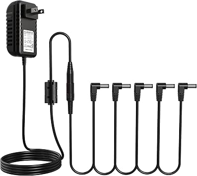 AZOR 9V DC 1A Power Supply Adapter for Electronic Keyboard, Digital Piano & Guitar Pedals, Tip Negative AC Adapter with 5-Way Daisy Chain Cable for Effects Pedal & MIDI Controller