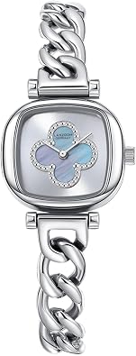 LANZOOM Womens Four-Leaf Clover Square Watch,Blue Nacre Dial,Stainless Steel Bracelet,25mm Small Candy Case,Elegant Minimalist Jewelry Gift