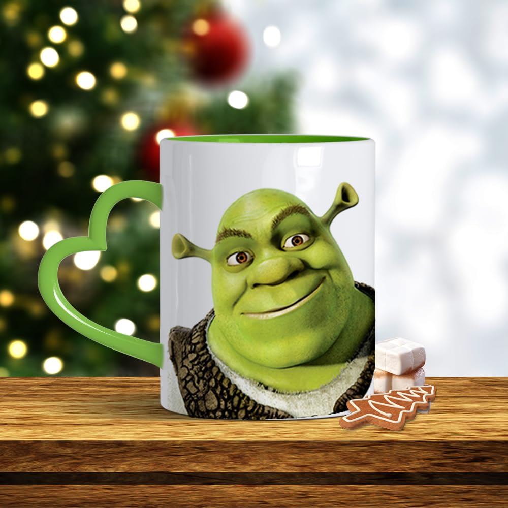 Cartoon Character Mug - Funny Shrek 11 oz Coloured Heart Handle Ceramic Coffee Mug. (Green Heart Handle), 11 ounces - Image 3