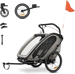 hauck Bike N Walk Duo, Light Grey - 3in1 Fahrradanhänger Komplett Set für 2 Kinder 6M+ bis 22 kg / 120 cm mit Federung, Handbremse, Verstellbare Rückenlehnen, Kofferraum, Inkl. Zubehör