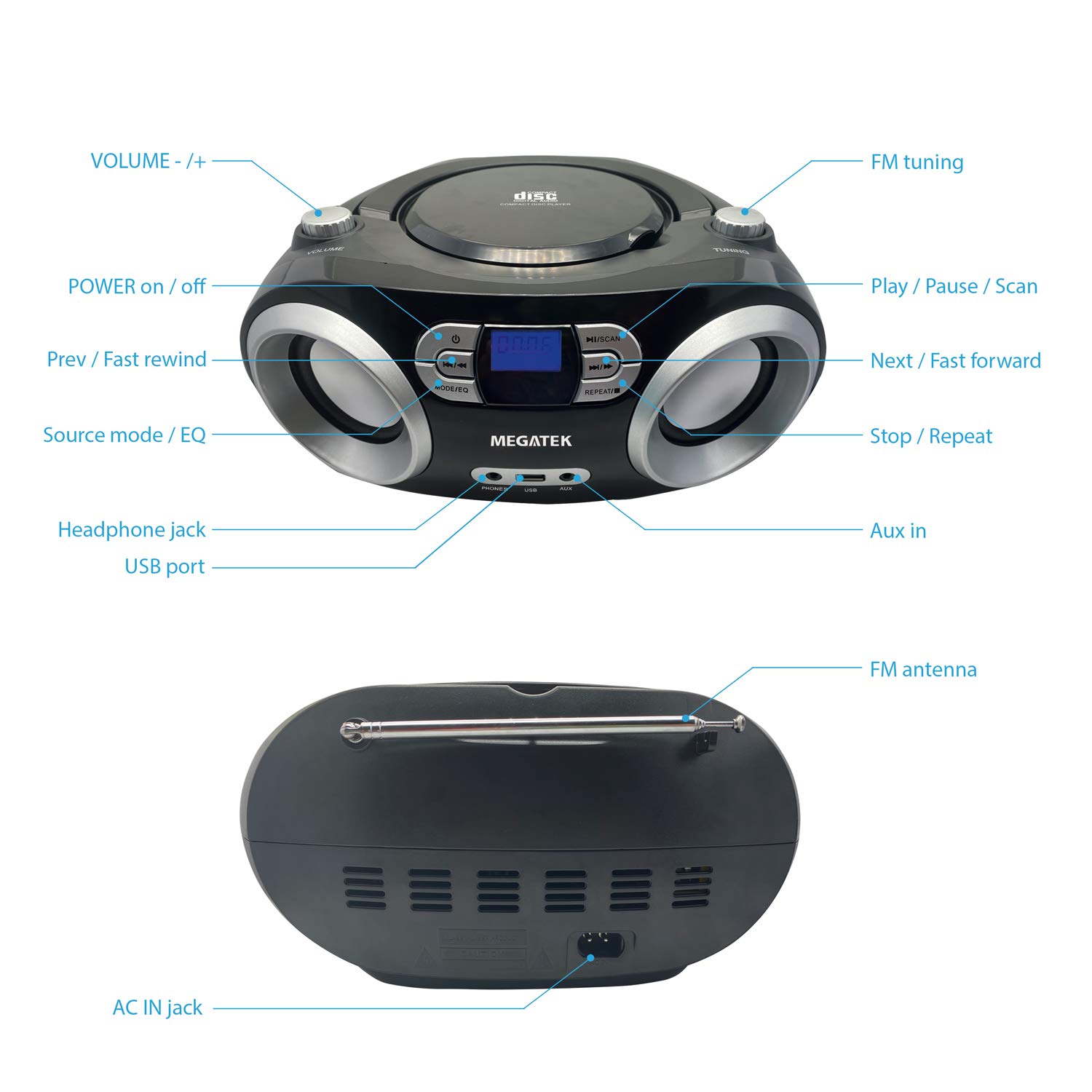 Buy MEGATEK Portable CD Player/Radio/Bluetooth Boombox with Enhanced