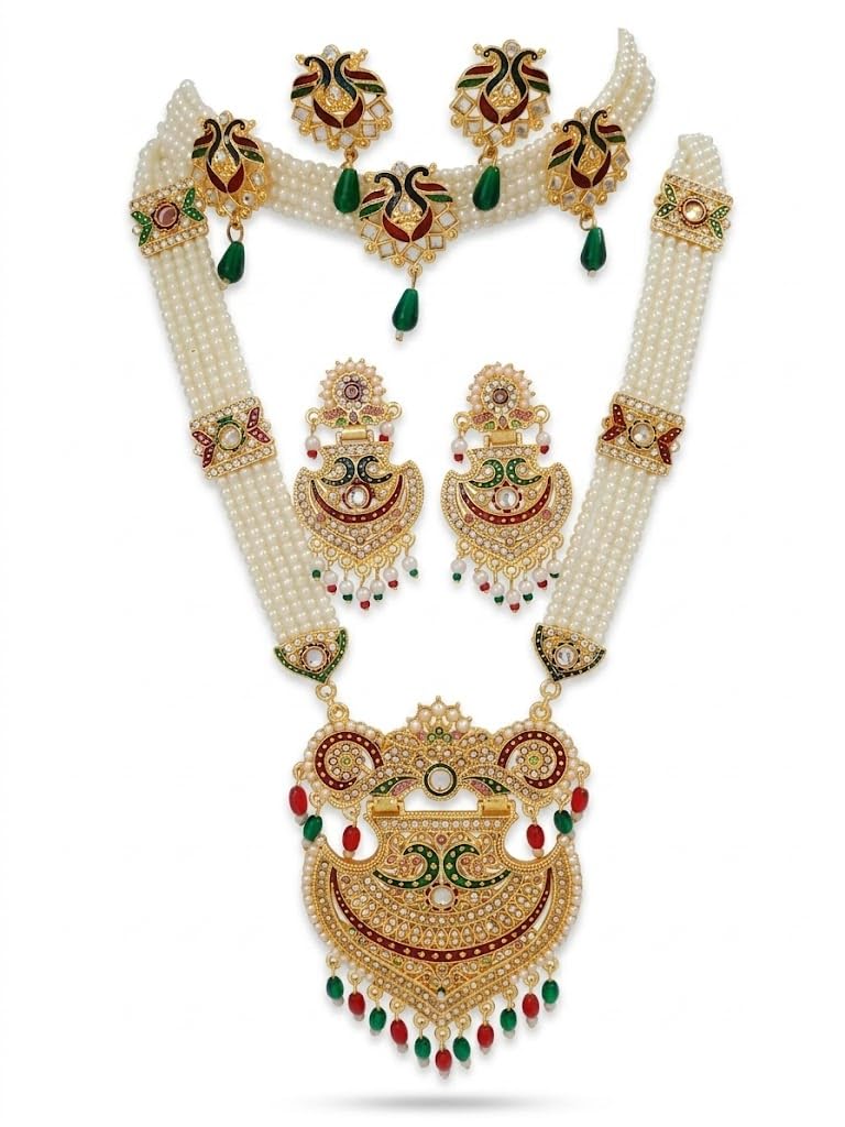 Rajwadi Pearl Kundan Bridal Necklace Set for Women | Multi Layer Moti Haar with Choker, Earrings & Maang Tikka | Gold Plated Meenakari Wedding Jewellery Set-image-49