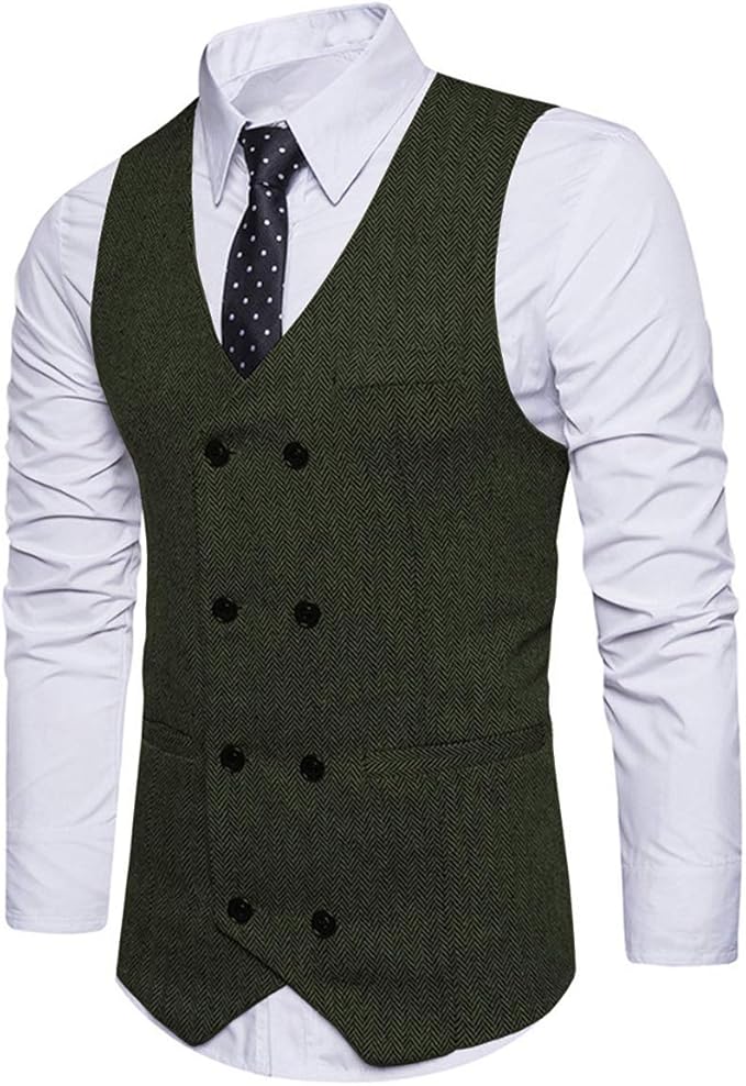 Ceehuteey Mens Suit Vest Regular Fit Tweed Herringbone Double Breasted