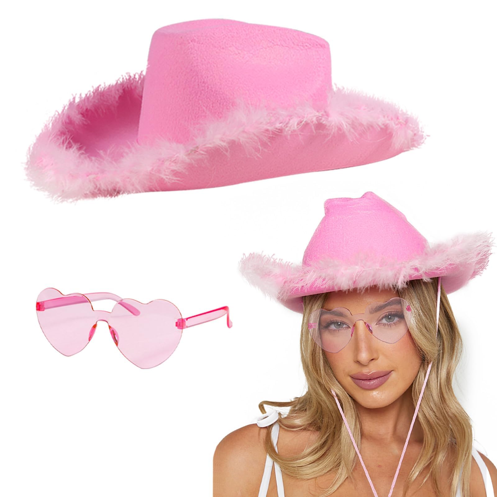 COLOFALLA Sombrero de Vaquero Rosa + Gafas de Corazones Rosa Gorro Vaquero Disfraz Mujer para Carnaval Fiesta Temática Infantiles Mujer (rosa)