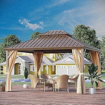 GAZEBEST 12'x14' Hardtop Gazebo Outdoor Aluminum Patio Gazebo Double Roof Galvanized Steel Canopy with Netting and Curtains,for Garden, Backyard,Deck and Lawns