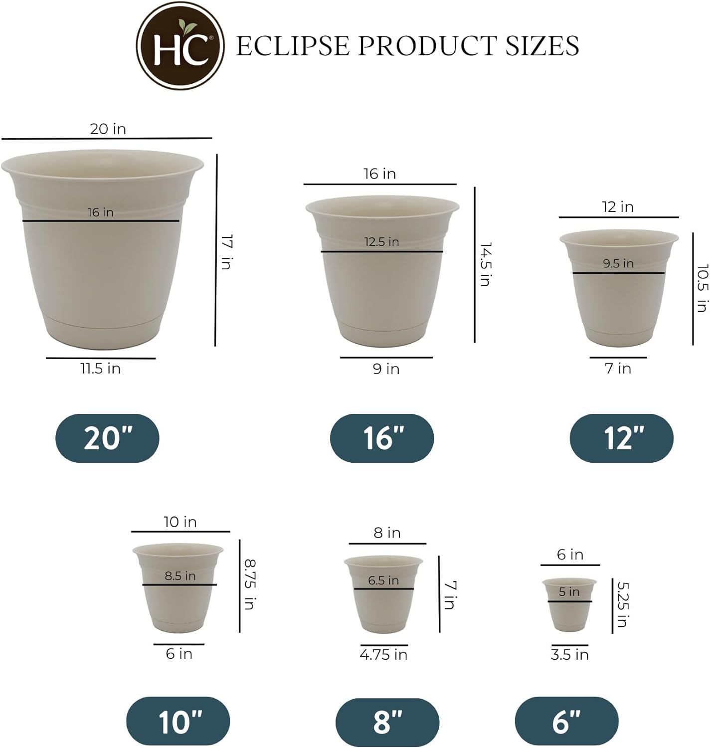 The HC Companies Eclipse Round Planter with Saucer - Outdoor & Indoor Plant Pot with Drainage Holes - Lightweight, UV-Resistant Plastic Pots for Plants, Flowers & Herbs (Cottage Stone, Pack of 1)