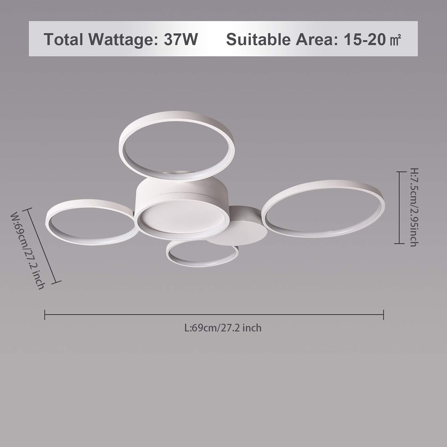 Exclusive Discount 50% Price HUOKU Ceiling Light Flush Mount Modern Rings LED Chandelier with 5 Lights, Dimmable Ceiling Lamp with Remote Control for Living Room, Bedroom, Dining Room,3000K-6000K(White)