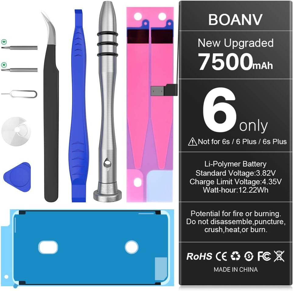 [7500mAh] Battery for iPhone 6,(2024 UPGRADED) BOANV Ultra High Capacity A1549/A1586/A1589 Battery Replacement with Full Set Repair Tool Kits, Adhesive & Instructions